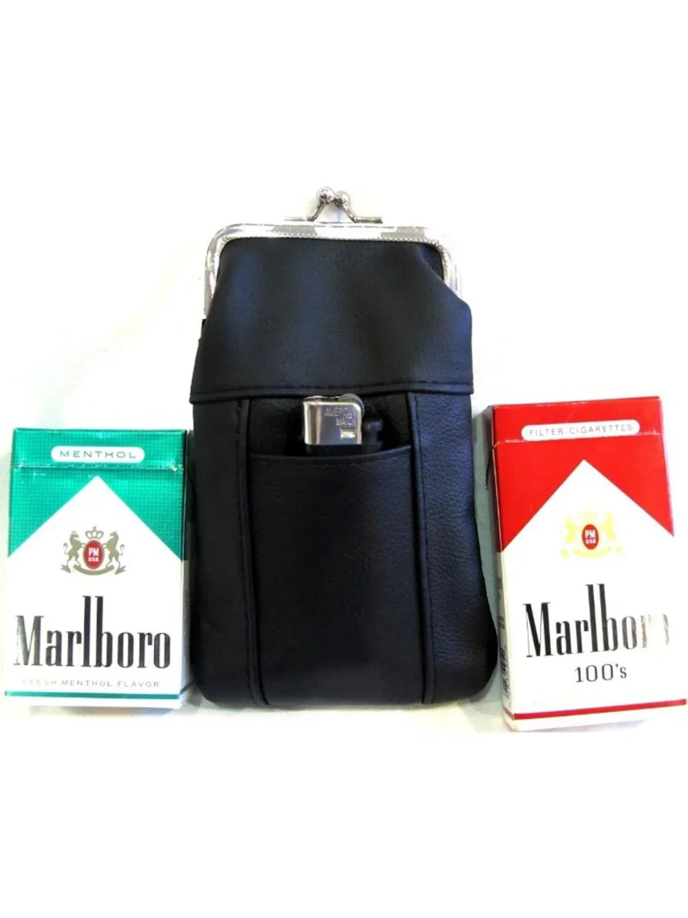 Genuine Leather Cigarette Case & Lighter Holder - Slim, Durable, Kiss Lock